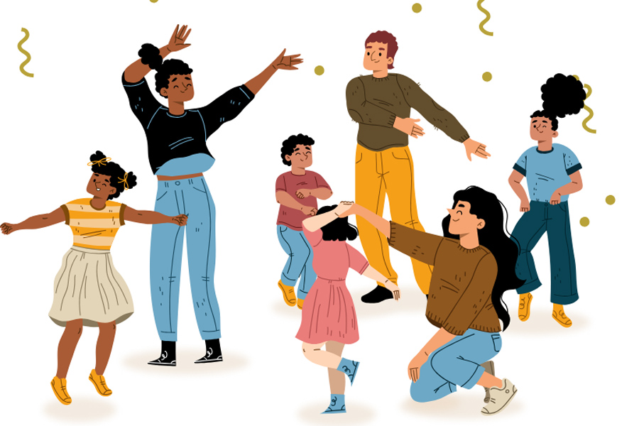 Bunte Zeichnung: Mehrere Personen unterschiedlichen Alters, Kinder und Erwachsene, tanzen gemeinsam. Im Hintergrund sind goldene Luftschlangen und Punkte verteilt.