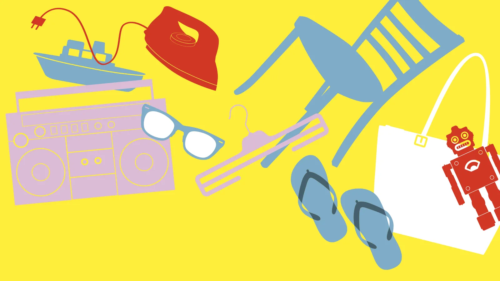 Bunte Illustration mit Flohmarktartikeln
