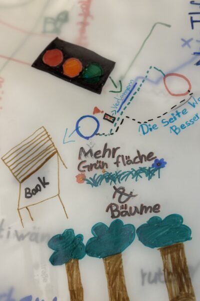 Von Kindern gemalte Skizze mit einer Ampel, drei Bäumen, einer Sitzbank und handschriftlichem Text 'Mehr Grünfläche & Bäume'.